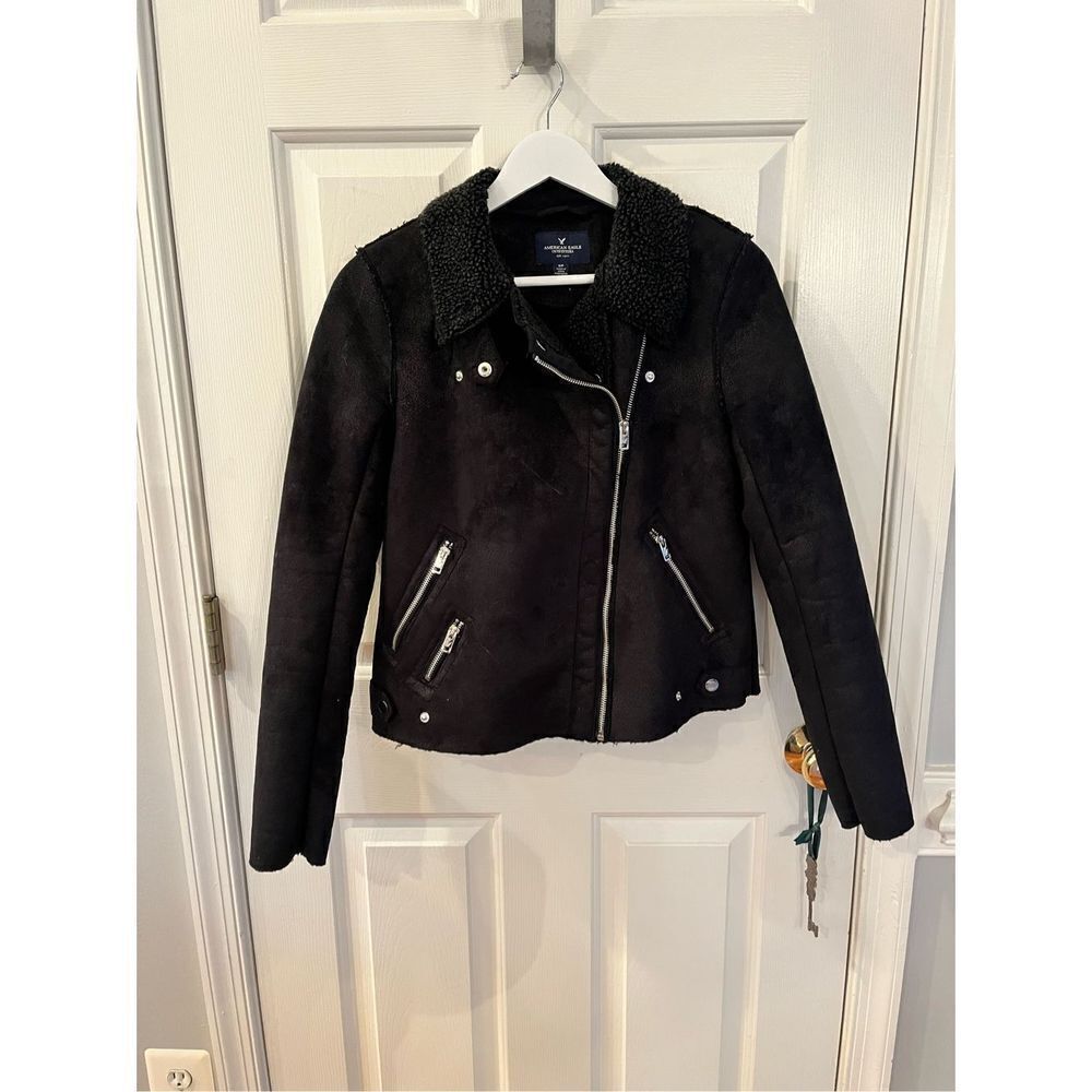 American Eagle Black Faux Sherpa Moto Jacket sz S EUC